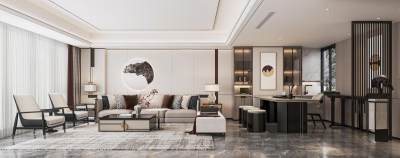 新中式客餐厅 沙发茶几组合 沙发背景墙 餐厅 西餐台 单椅 餐桌椅 吊灯